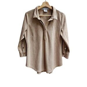Gretchen Scott Beige Long Sleeve Faux Suede Button Down Shirt, Size L